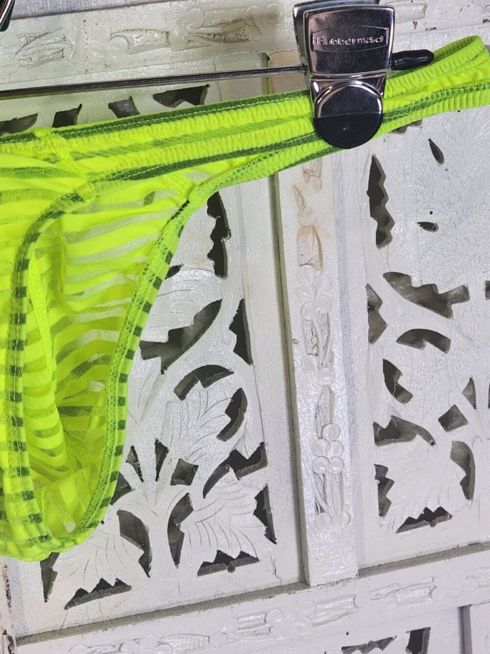 Unknown Brand Neon Lime Sheer Gray Metallic Stripe Thong Underwear Fit Like M - Picture 8 of 16